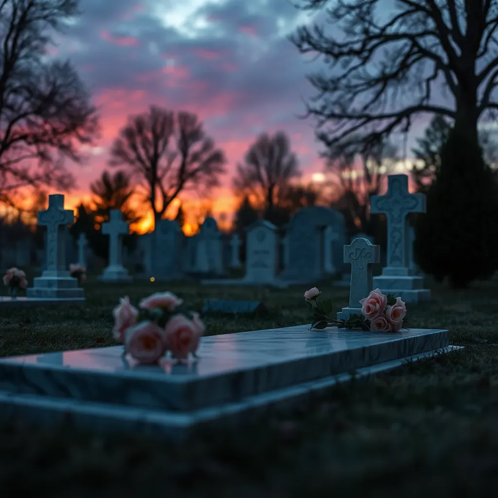 Pierre tombale en marbre avec des roses au coucher du soleil.
